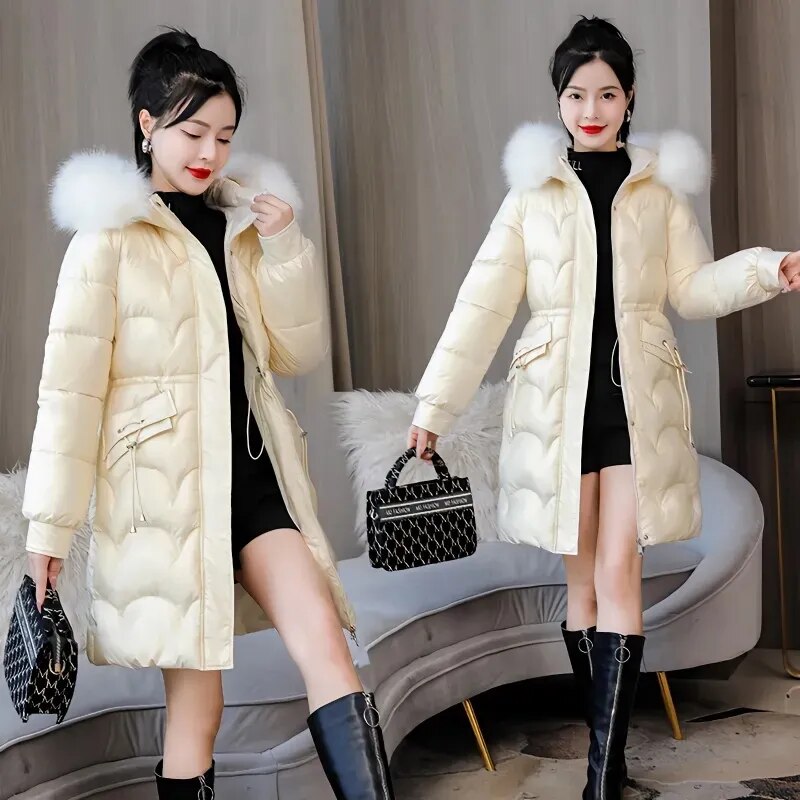 2024 New Winter Jacket Parkas Women Coat Fur Collar Hooded Overcoat Female Jacket Thick Warm Cotton Padded Puffer Parka Outwear Apricots