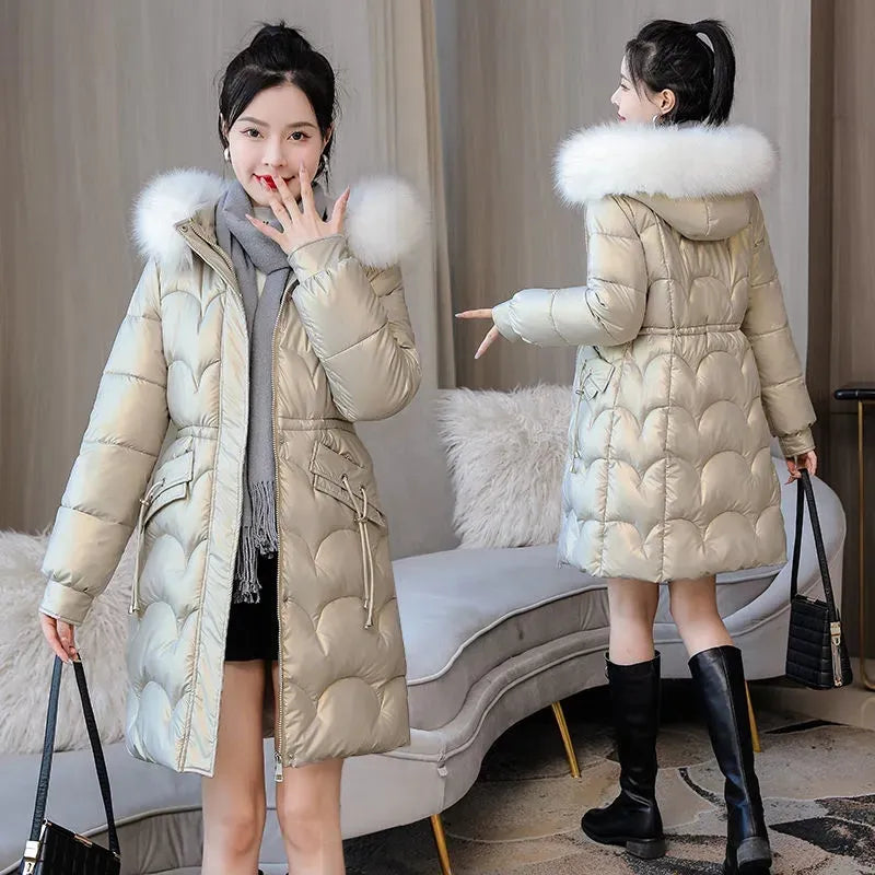 2024 New Winter Jacket Parkas Women Coat Fur Collar Hooded Overcoat Female Jacket Thick Warm Cotton Padded Puffer Parka Outwear Champagnes