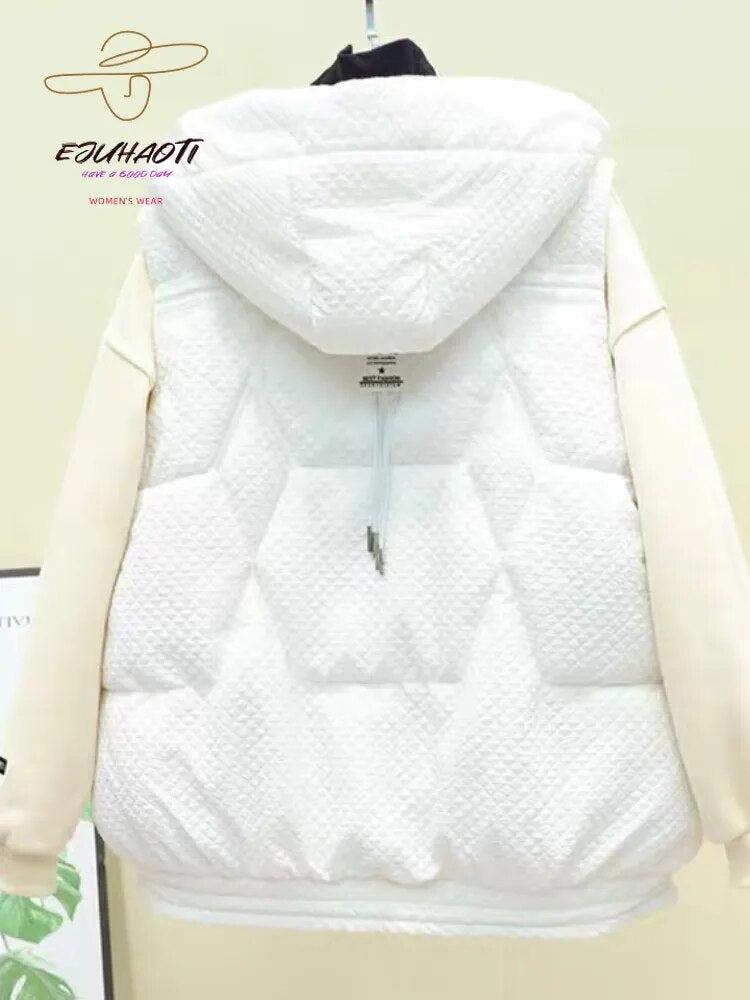 2024 New Women's Vest Autumn Winter Hooded Thicken Loose Appear Thin Waistcoat Mid Length Version Down Cotton Sleeveless Jackets
