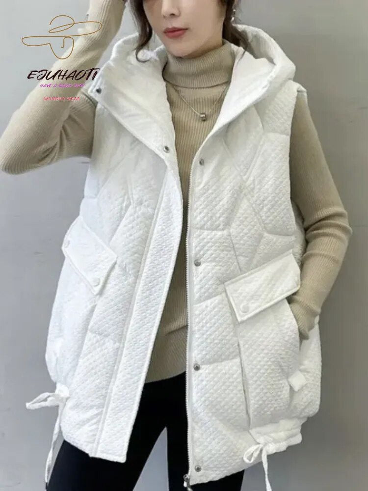 2024 New Women's Vest Autumn Winter Hooded Thicken Loose Appear Thin Waistcoat Mid Length Version Down Cotton Sleeveless Jackets