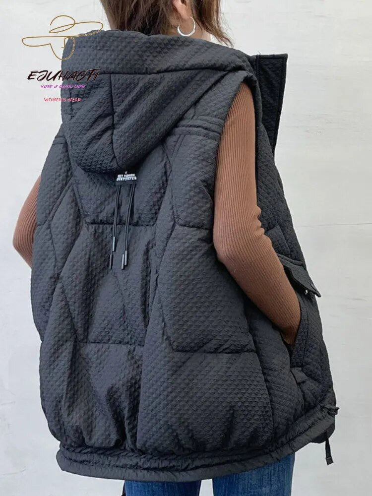 2024 New Women's Vest Autumn Winter Hooded Thicken Loose Appear Thin Waistcoat Mid Length Version Down Cotton Sleeveless Jackets