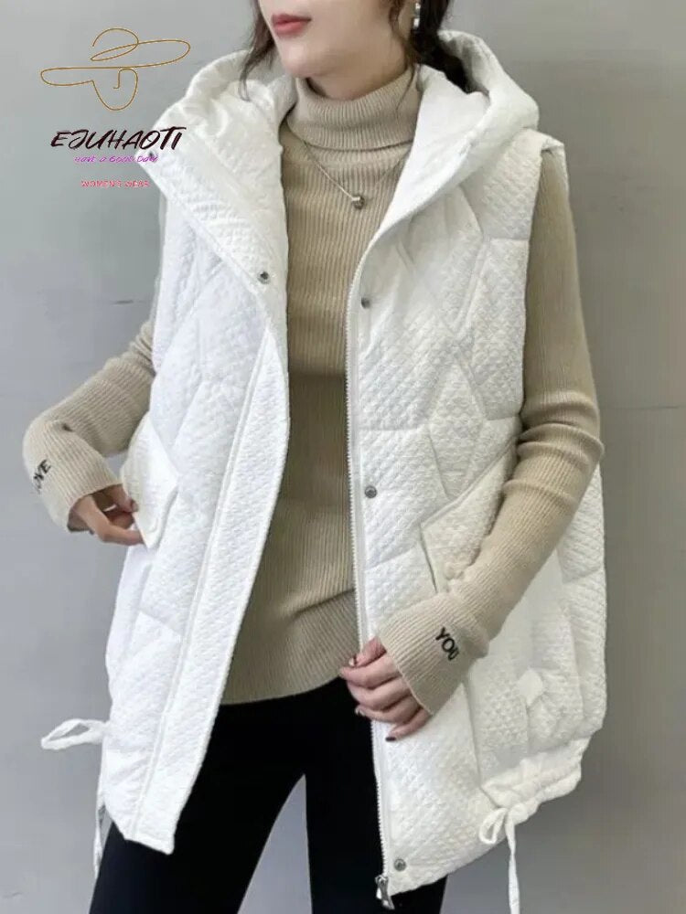 2024 New Women's Vest Autumn Winter Hooded Thicken Loose Appear Thin Waistcoat Mid Length Version Down Cotton Sleeveless Jackets