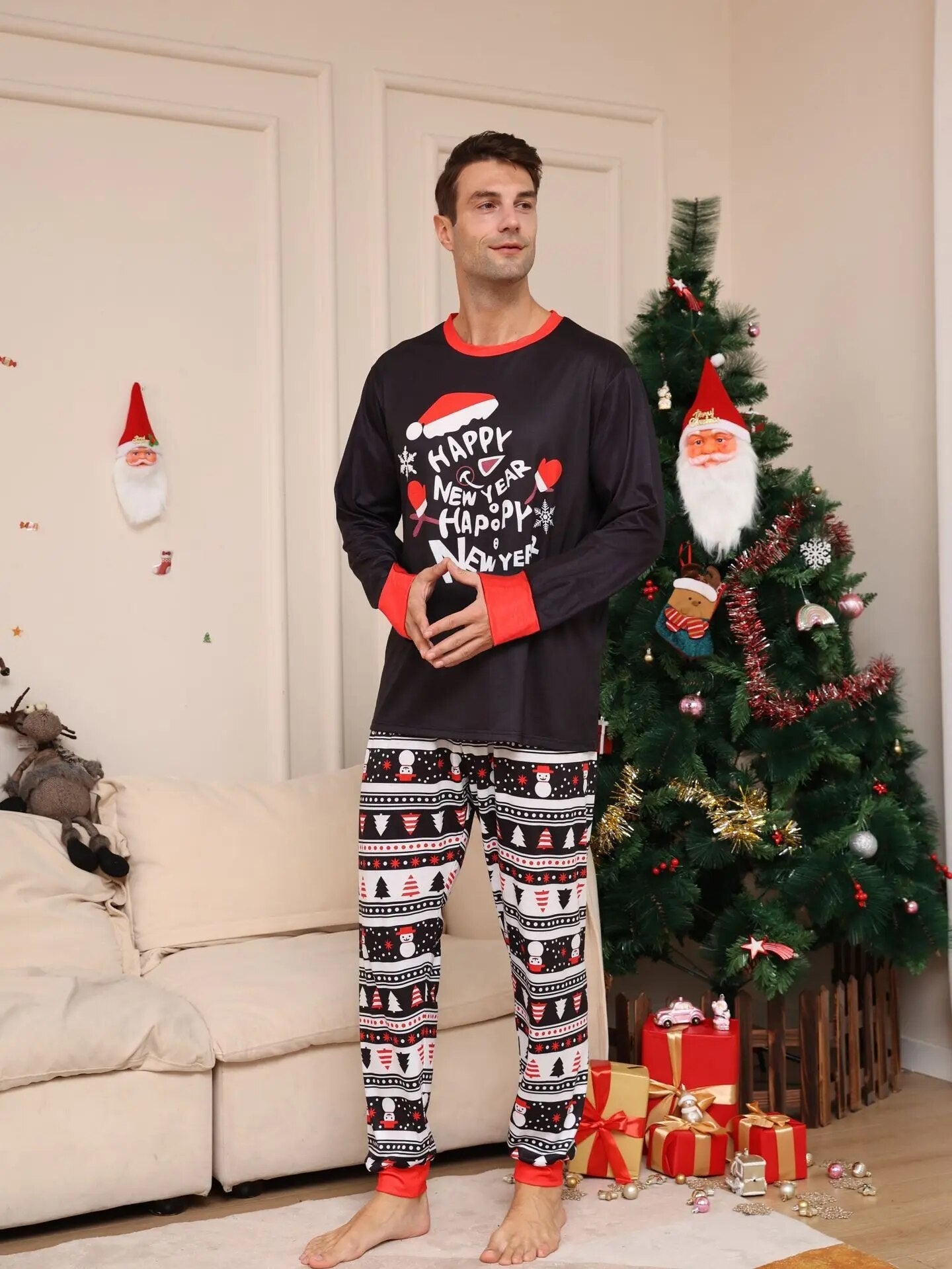 2024 New Year Letter Printed Pajamas 2-Piece Christmas Parent Child Set Cotton Casual Long Sleeve Pants Home Wear Suit