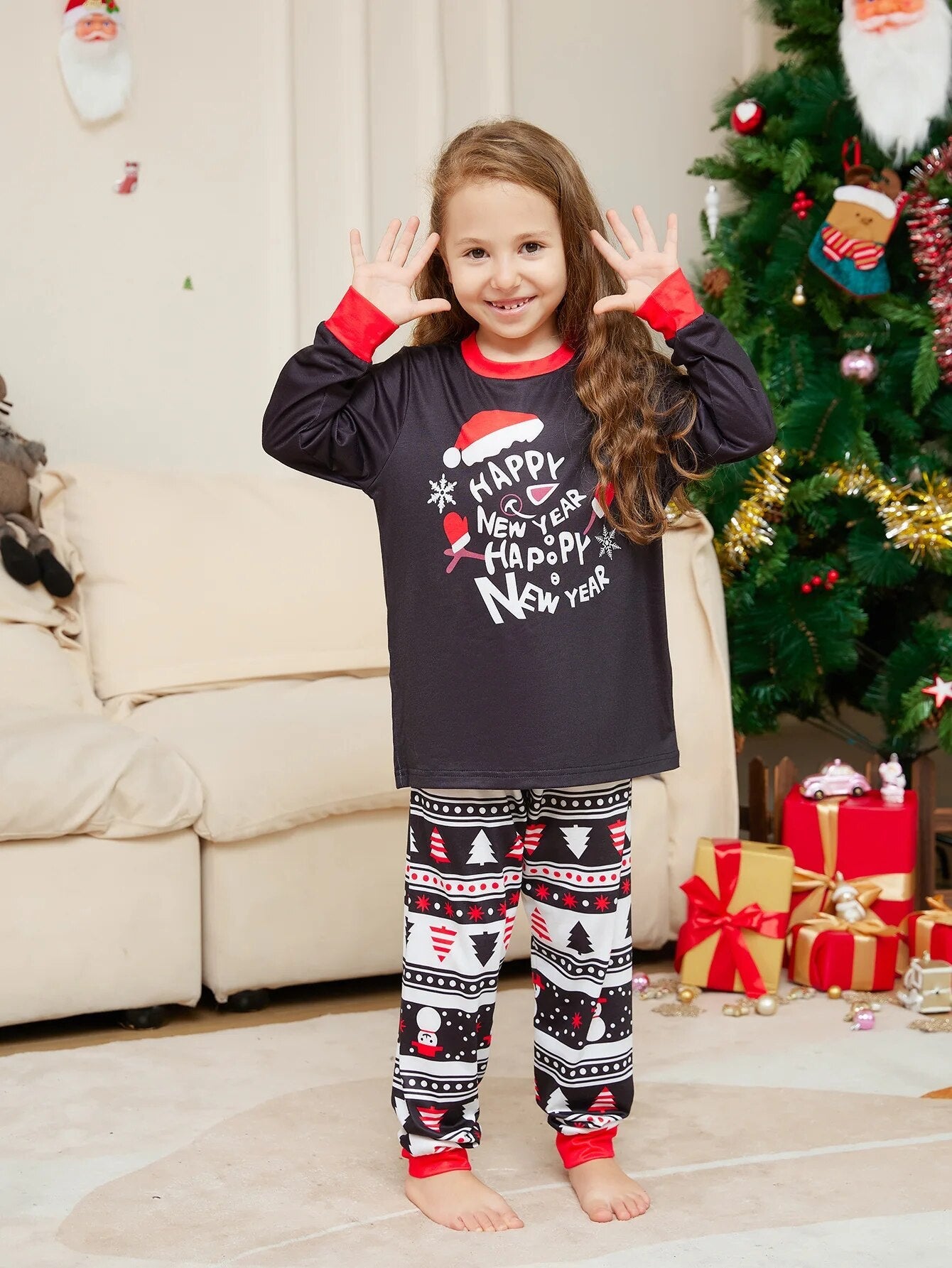 2024 New Year Letter Printed Pajamas 2-Piece Christmas Parent Child Set Cotton Casual Long Sleeve Pants Home Wear Suit