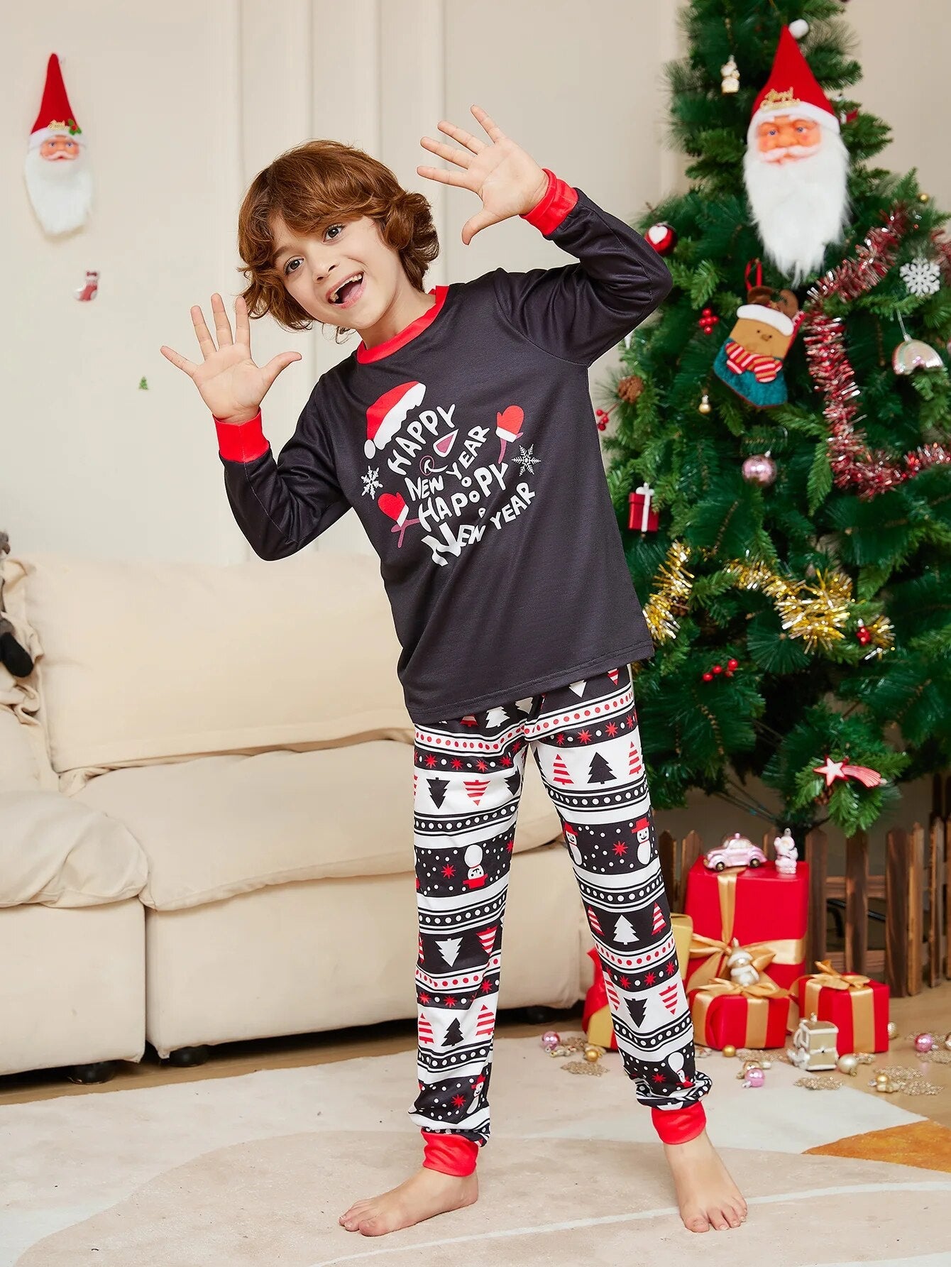 2024 New Year Letter Printed Pajamas 2-Piece Christmas Parent Child Set Cotton Casual Long Sleeve Pants Home Wear Suit