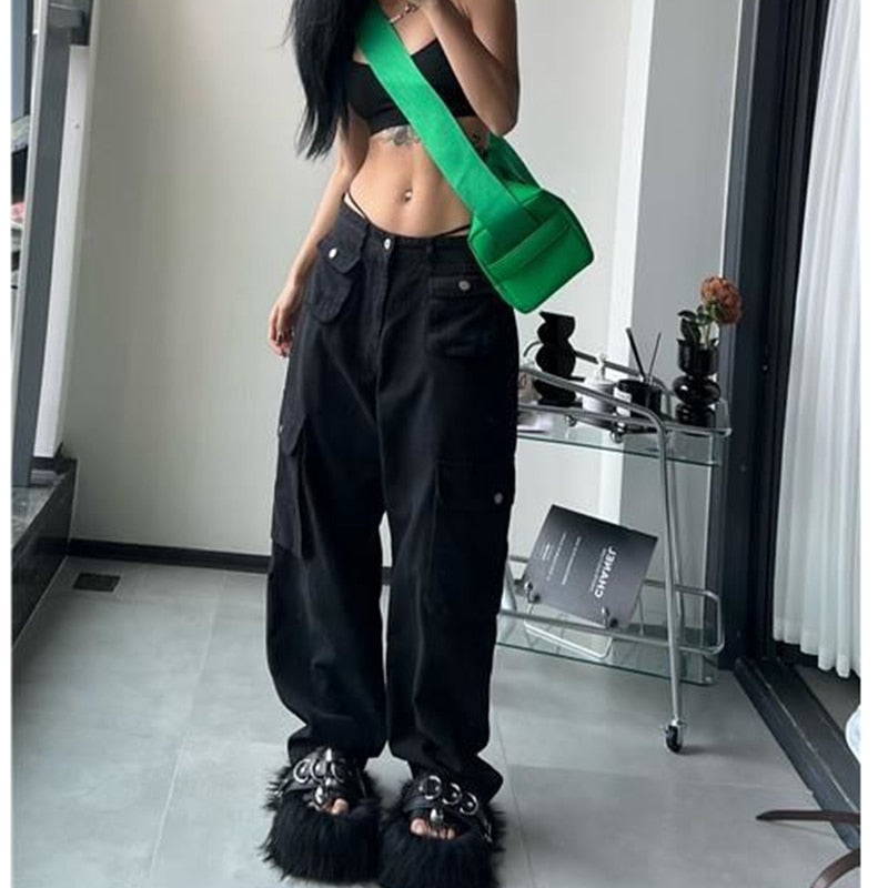 2024 New cargo pants high waist women's pants women's side pocket couple loose zipper Y2K fashion straight loose casual pants