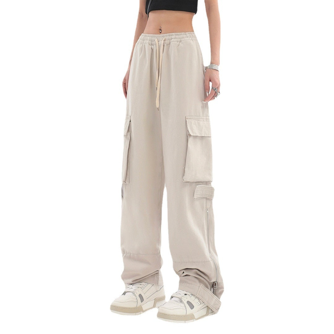 Cargo pants high waist women's pants women's side pocket couple loose zipper Y2K fashion straight loose casual pants NO.2-beige