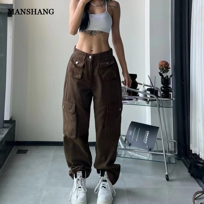 Cargo pants high waist women's pants women's side pocket couple loose zipper Y2K fashion straight loose casual pants
