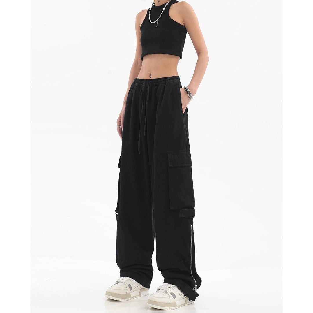 Cargo pants high waist women's pants women's side pocket couple loose zipper Y2K fashion straight loose casual pants