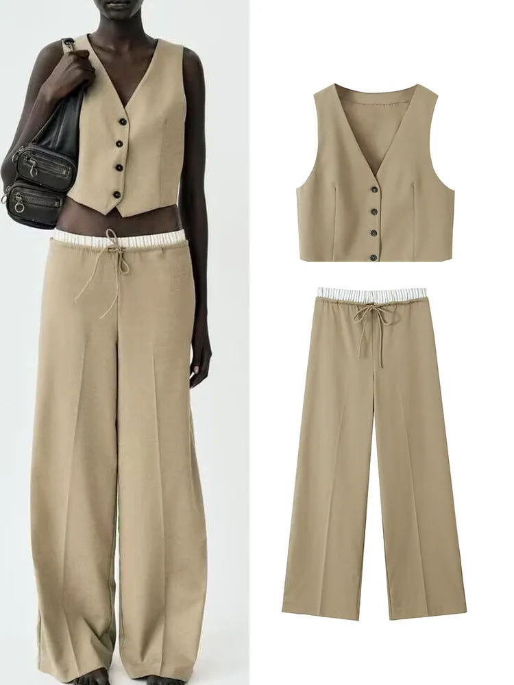 2024 OL Vest Pant Sets Fashion Sleeveless Single Breasted Vest Top Patchwork Drawstring Straight Leg Pants