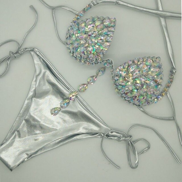 2024 Rhinestone Bikini Set Bling Stones Swimwear Diamond Women Sexy Halter Crystal Bathing Suit Beachwear Biquini Silver