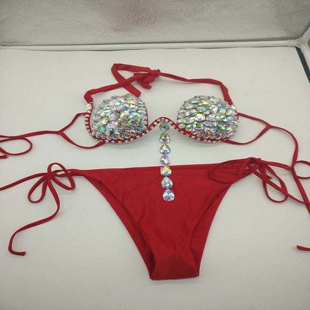 2024 Rhinestone Bikini Set Bling Stones Swimwear Diamond Women Sexy Halter Crystal Bathing Suit Beachwear Biquini Red