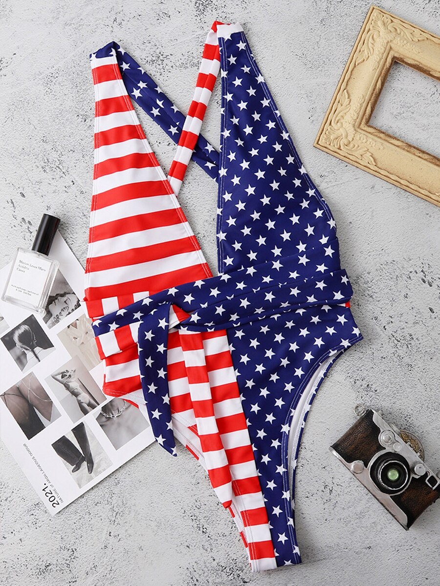 2024 Sexy V Neck One Piece Swimsuit Backless Swimwear Women US Flag Printed Bathing Suit Female Cross Back Beachwear Bodysuit