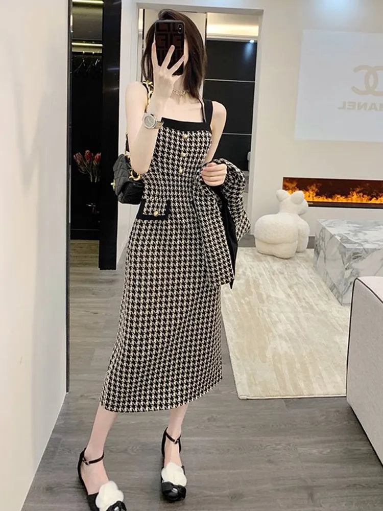 2024 Spring 2 Piece Skirt Set Women Crop Top Jacket Slim Coat+ Plaid Skirt Autumn Women Two Piece Outfits