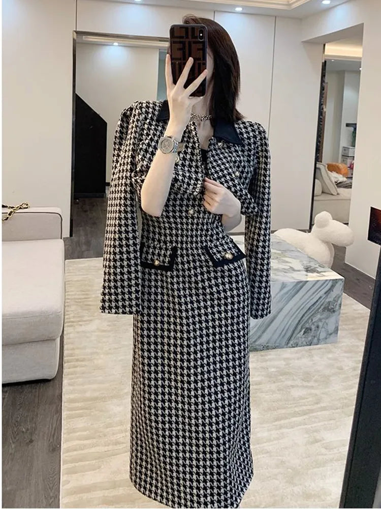 2024 Spring 2 Piece Skirt Set Women Crop Top Jacket Slim Coat+ Plaid Skirt Autumn Women Two Piece Outfits 2 piece