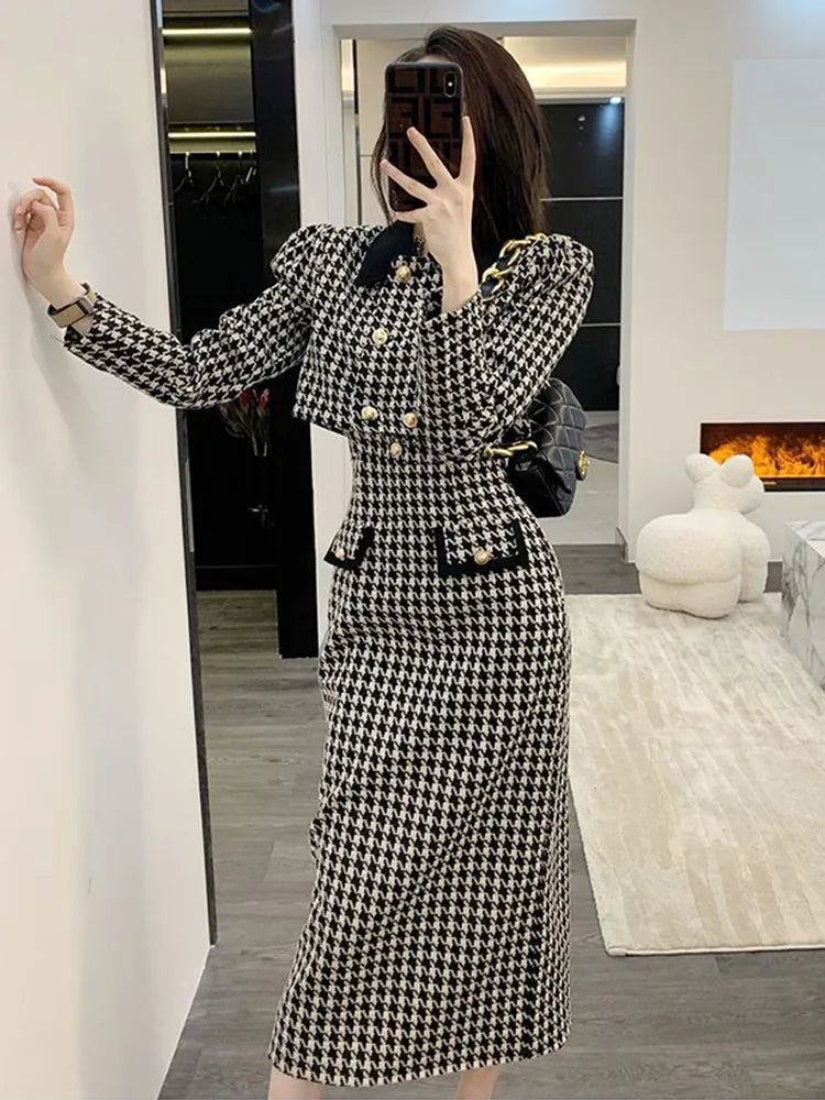 2024 Spring 2 Piece Skirt Set Women Crop Top Jacket Slim Coat+ Plaid Skirt Autumn Women Two Piece Outfits