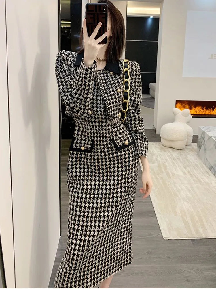 2024 Spring 2 Piece Skirt Set Women Crop Top Jacket Slim Coat+ Plaid Skirt Autumn Women Two Piece Outfits