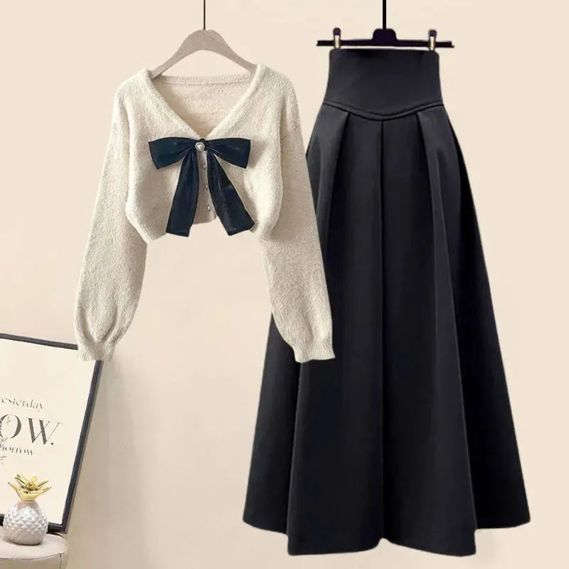 2024 Spring Autumn New in Matching Sets Women's Fashion Slim Bow Sweater+High Waist Skirt Two-piece Set Korean Chic Dress Suit Set 02
