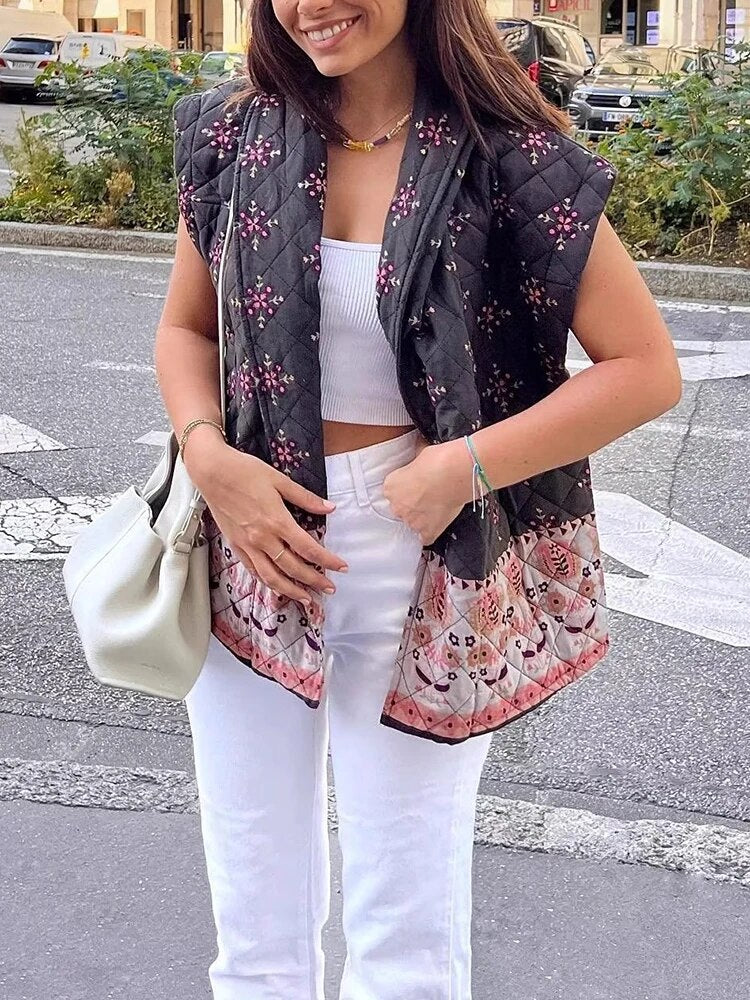 2024 Spring Autumn Print Cotton Vest For Women Elegant Sleeveless Warm Cardigan Waistcoat Lady Vintage High Streetwear Auburn