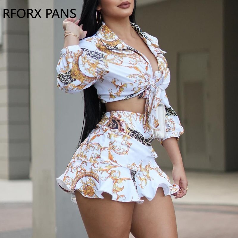 2024 Spring Elegant Allover Print Shirt & Sexy Mini Skirt Sets Women Suits