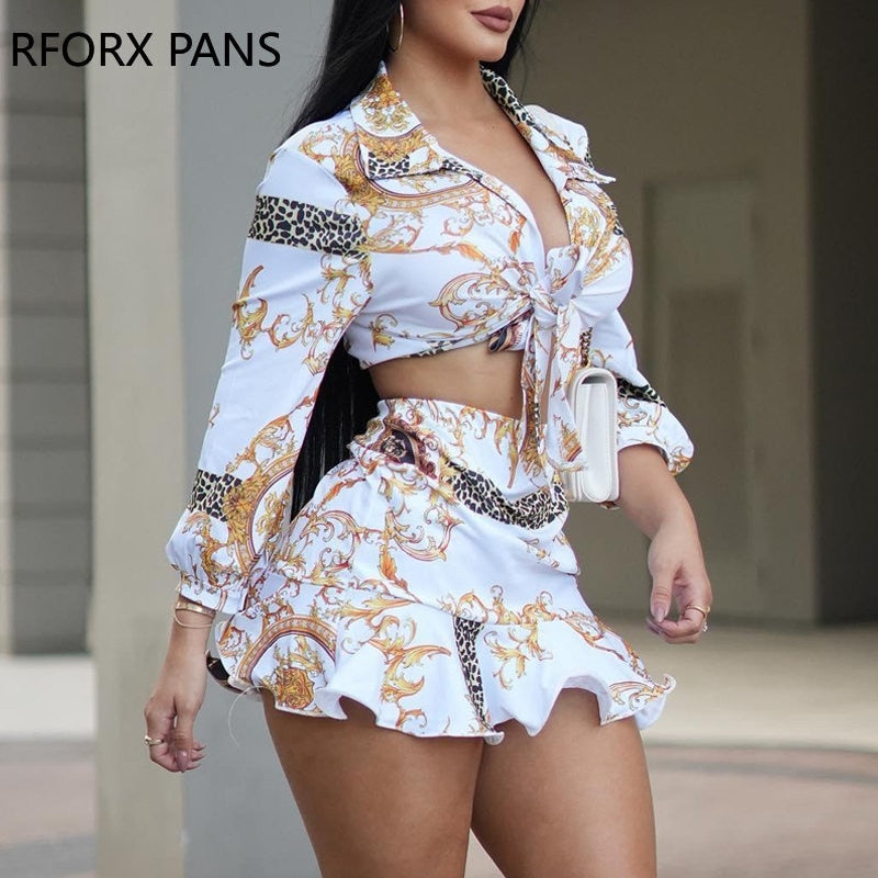 2024 Spring Elegant Allover Print Shirt & Sexy Mini Skirt Sets Women Suits White