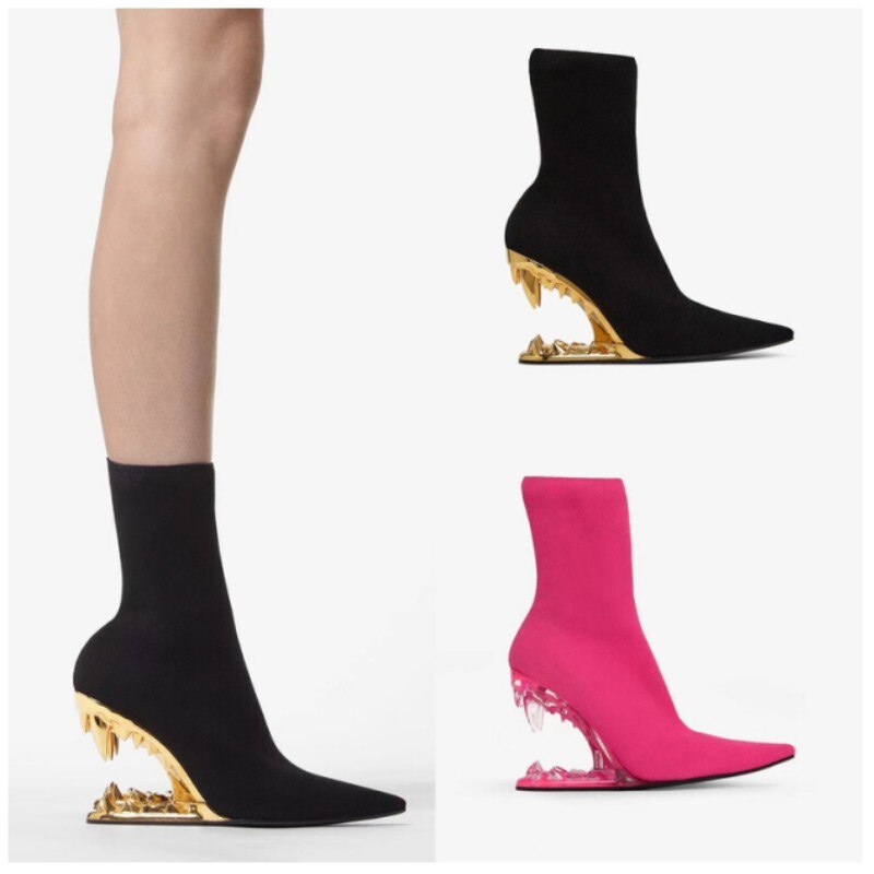 2024 Spring New Women Teeth High Heel Luxury Elastic Ankle Boots Brand Fashion Pointed Toe Elegant Sock Shoes Party Banquet 43