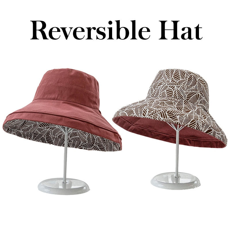 2024 Spring Summer Print Reversible Sun Beach Hat Woman Girl Outdoor Travel Vacation Fisherman Cap Wide Brim 12.5cm Visor Hat B Wine Red Head Girth 56-58cm