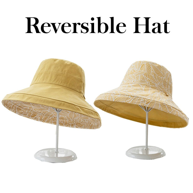 2024 Spring Summer Print Reversible Sun Beach Hat Woman Girl Outdoor Travel Vacation Fisherman Cap Wide Brim 12.5cm Visor Hat B Yellow Head Girth 56-58cm
