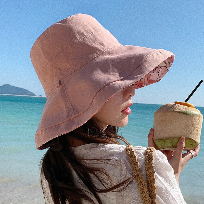 2024 Spring Summer Print Reversible Sun Beach Hat Woman Girl Outdoor Travel Vacation Fisherman Cap Wide Brim 12.5cm Visor Hat A Pink Head Girth 56-58cm