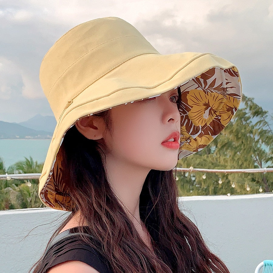 2024 Spring Summer Print Reversible Sun Beach Hat Woman Girl Outdoor Travel Vacation Fisherman Cap Wide Brim 12.5cm Visor Hat C Yellow Head Girth 56-58cm