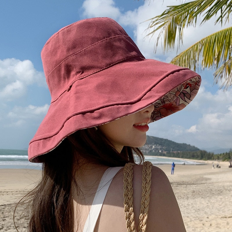 2024 Spring Summer Print Reversible Sun Beach Hat Woman Girl Outdoor Travel Vacation Fisherman Cap Wide Brim 12.5cm Visor Hat A Wine Red Head Girth 56-58cm