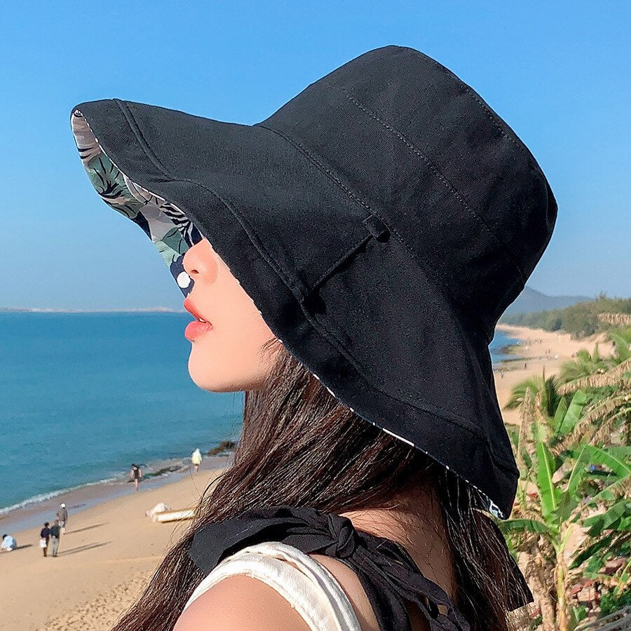 2024 Spring Summer Print Reversible Sun Beach Hat Woman Girl Outdoor Travel Vacation Fisherman Cap Wide Brim 12.5cm Visor Hat C Black Head Girth 56-58cm