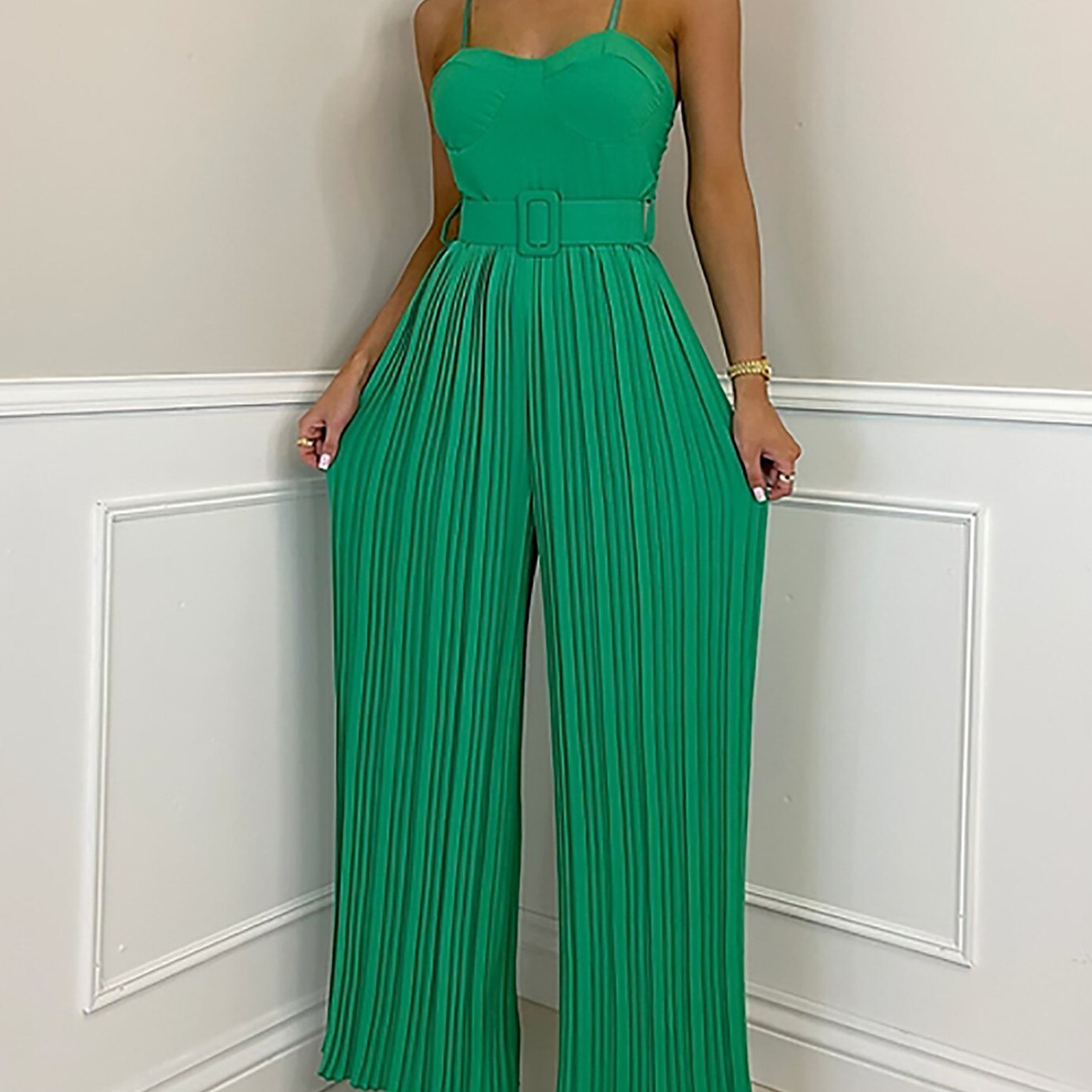 2024 Summer Casual Suspenders Long Jumpsuit Women Sexy Fashion Solid Sleeveless Sashes Pleated Wide Leg Jumpsuit Orange Female green