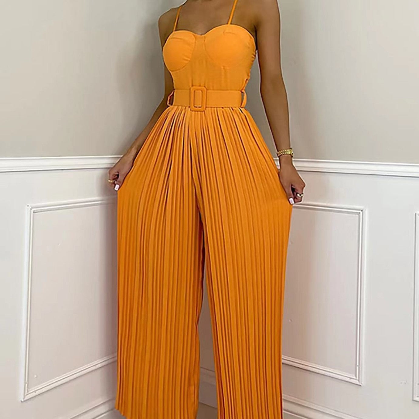 2024 Summer Casual Suspenders Long Jumpsuit Women Sexy Fashion Solid Sleeveless Sashes Pleated Wide Leg Jumpsuit Orange Female Orange