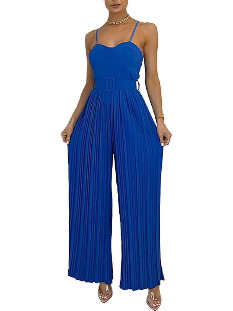2024 Summer Casual Suspenders Long Jumpsuit Women Sexy Fashion Solid Sleeveless Sashes Pleated Wide Leg Jumpsuit Orange Female Blue