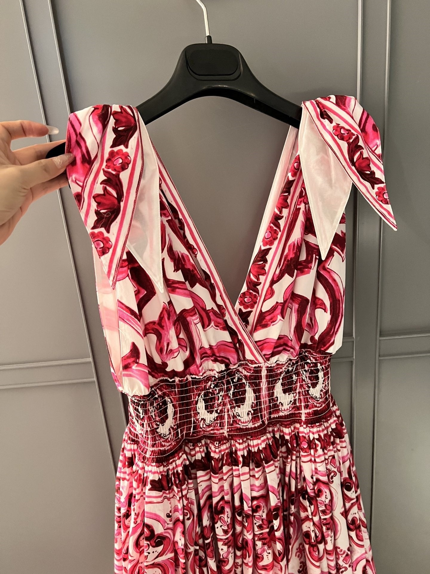 2024 Summer Cotton Print Deep V-Neck Sleeveless Strap A-line Waist Wrap Large Hem Long Dress woman maxi skirt