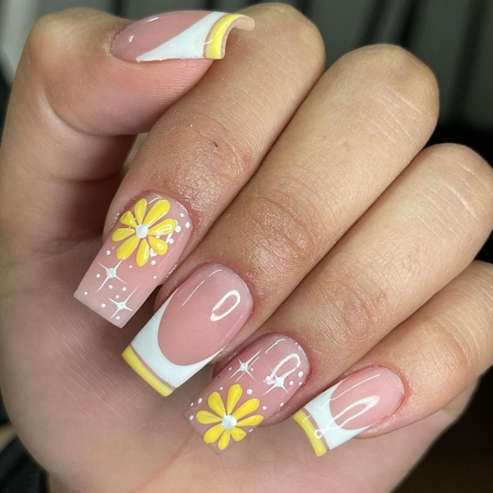 2024 Summer False Nails Square Head Full Cover Nail Tips Detachable Fake Nails Press on Nails Manicure 24Pcs DIY Manicure 3