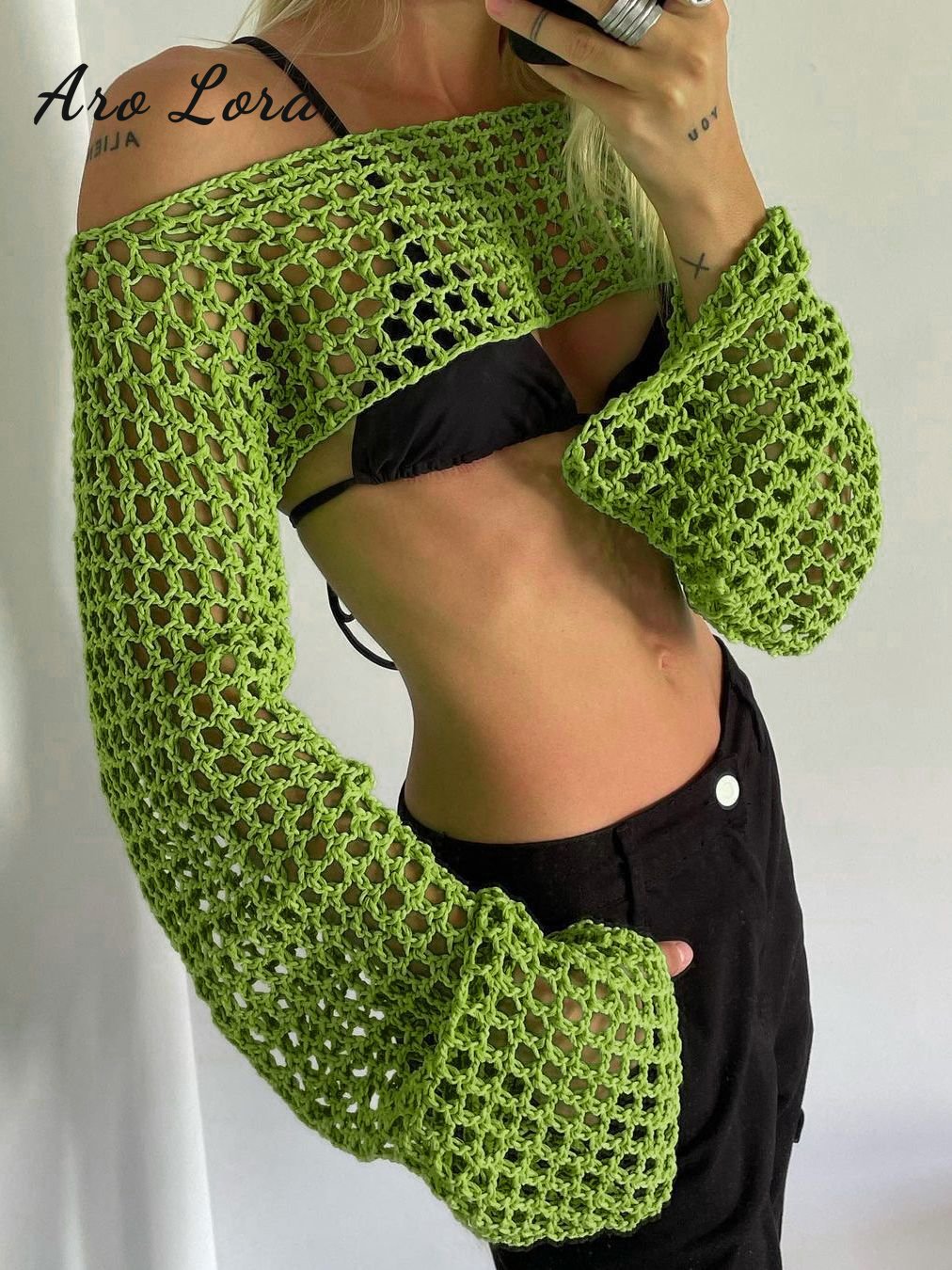 2024 Summer Long Sleeve Smock Knitted Crop Top Women Y2k Beach Sexy Backless Hollow Out T Shirts Green Party Casual Pullovers