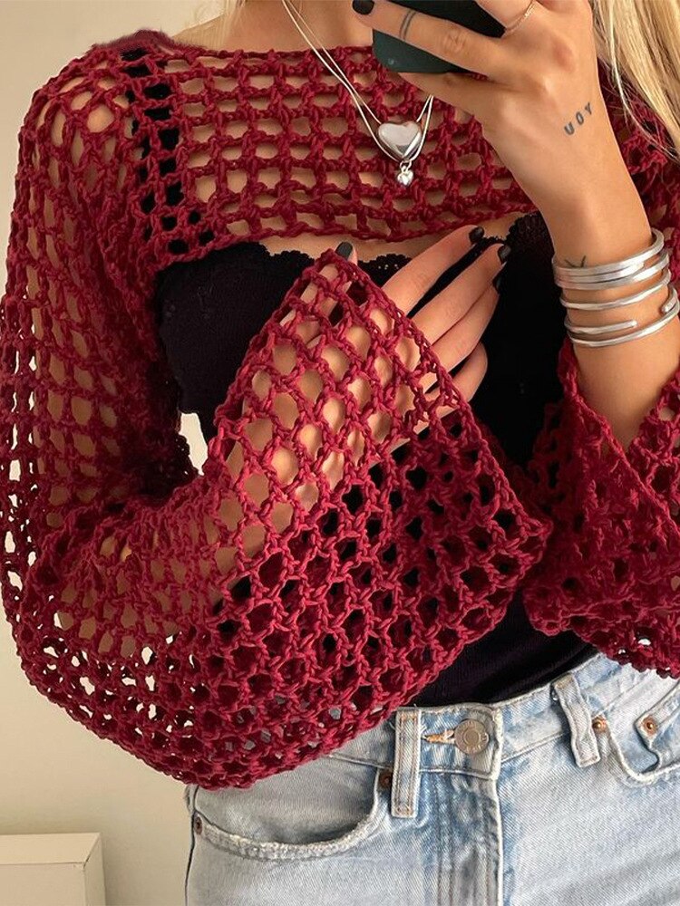 2024 Summer Long Sleeve Smock Knitted Crop Top Women Y2k Beach Sexy Backless Hollow Out T Shirts Green Party Casual Pullovers Wine Red