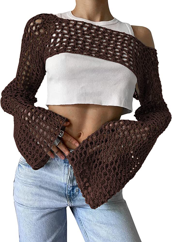 2024 Summer Long Sleeve Smock Knitted Crop Top Women Y2k Beach Sexy Backless Hollow Out T Shirts Green Party Casual Pullovers Coffee