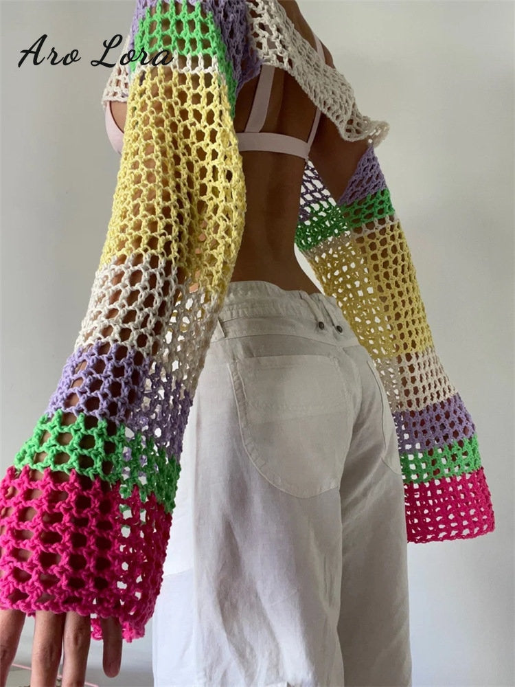 2024 Summer Long Sleeve Smock Knitted Crop Top Women Y2k Beach Sexy Backless Hollow Out T Shirts Green Party Casual Pullovers