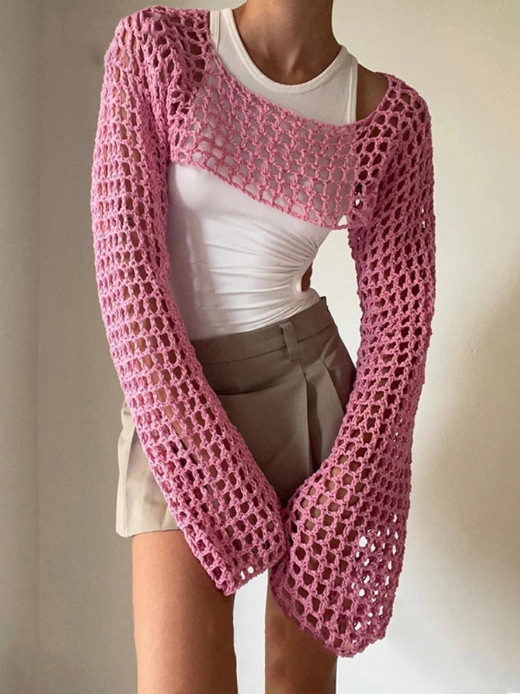 2024 Summer Long Sleeve Smock Knitted Crop Top Women Y2k Beach Sexy Backless Hollow Out T Shirts Green Party Casual Pullovers Pink