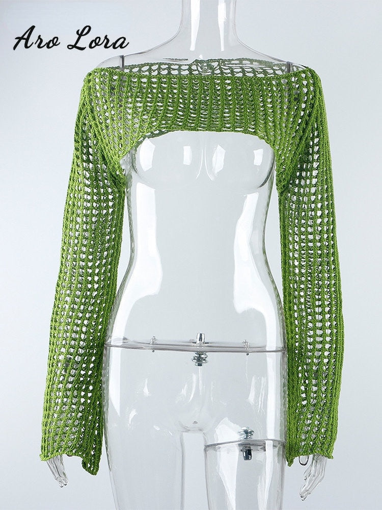 2024 Summer Long Sleeve Smock Knitted Crop Top Women Y2k Beach Sexy Backless Hollow Out T Shirts Green Party Casual Pullovers