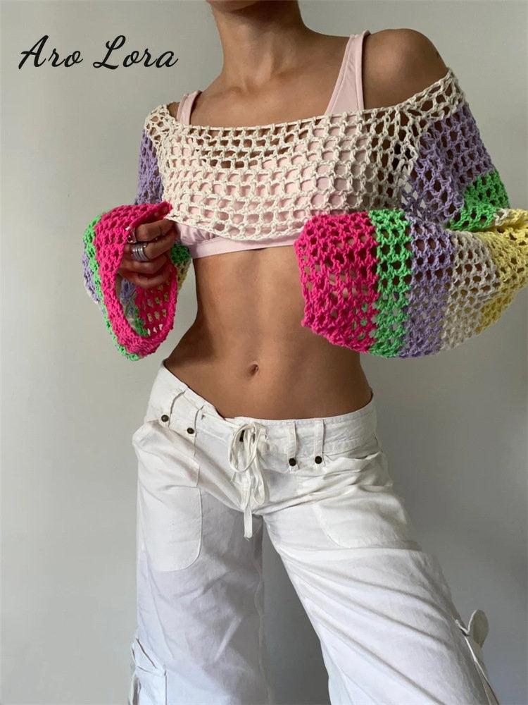 2024 Summer Long Sleeve Smock Knitted Crop Top Women Y2k Beach Sexy Backless Hollow Out T Shirts Green Party Casual Pullovers