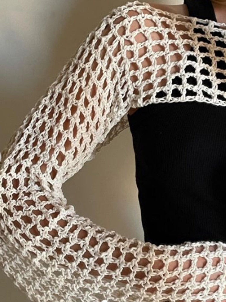 2024 Summer Long Sleeve Smock Knitted Crop Top Women Y2k Beach Sexy Backless Hollow Out T Shirts Green Party Casual Pullovers Beige