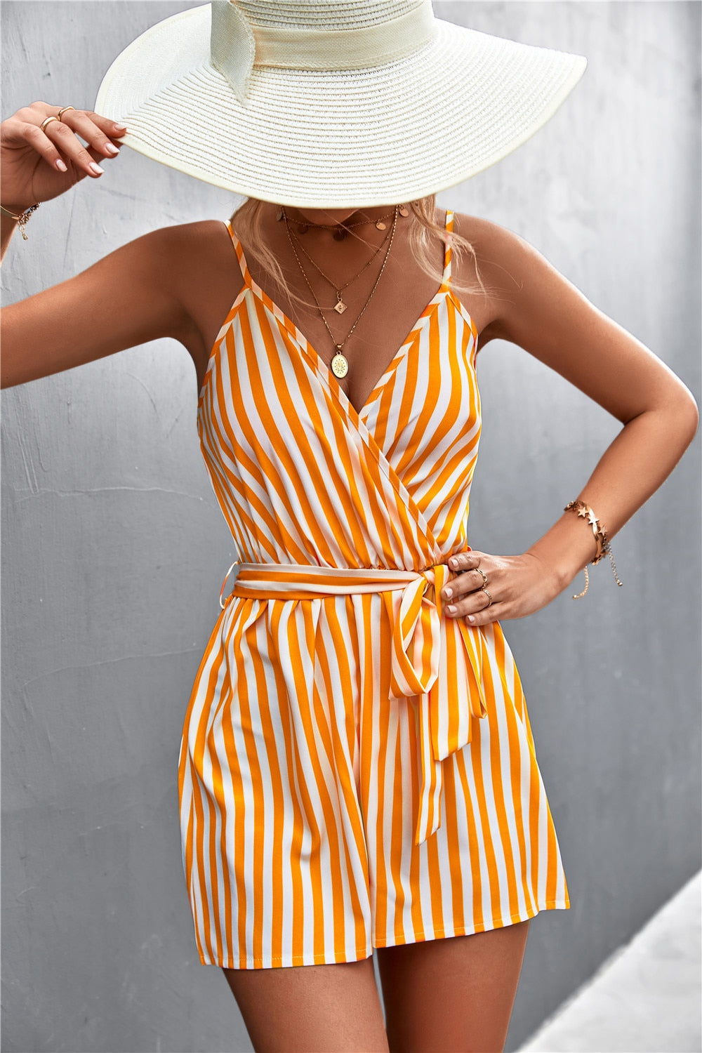 2024 Summer Sexy V-Neck Jumpsuit For Women Casual Stripe Sleeveless Loose Romper Shorts Beach Playsuit Female Outfit