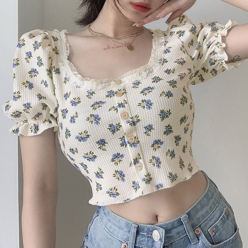 2024 Summer Sexy Women Slim Crop Top Tees T Shirt Low Cut Short Sleeve Floral Female Teenage Girls Femmes T-Shirt Cross Wrap Y2K