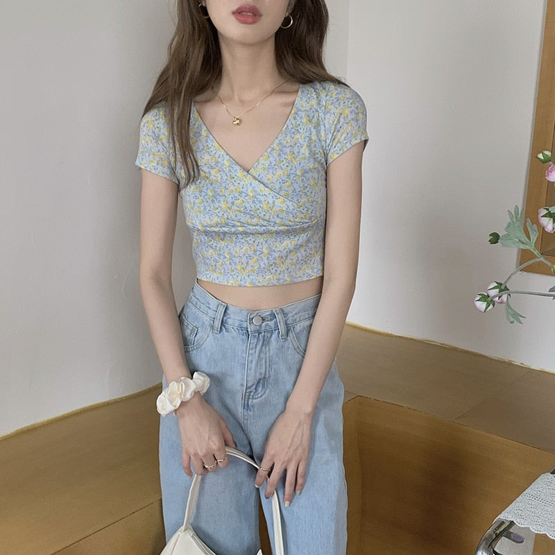 2024 Summer Sexy Women Slim Crop Top Tees T Shirt Low Cut Short Sleeve Floral Female Teenage Girls Femmes T-Shirt Cross Wrap Y2K