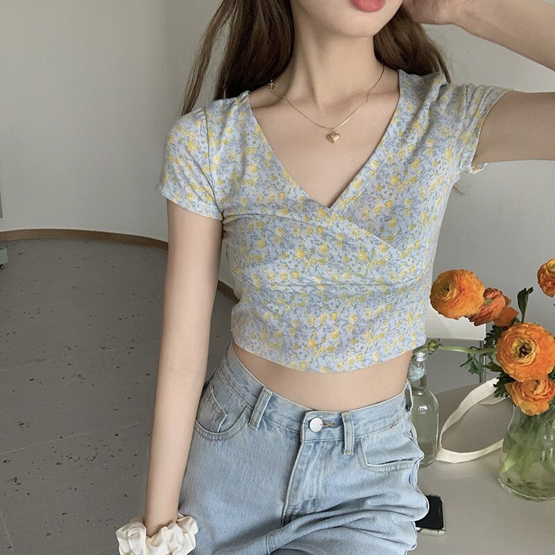 2024 Summer Sexy Women Slim Crop Top Tees T Shirt Low Cut Short Sleeve Floral Female Teenage Girls Femmes T-Shirt Cross Wrap Y2K 7