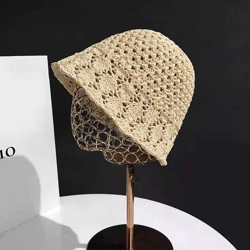 2024 Summer Sunscreen Hat Women's Net Red ins Korean Bucket Hat Hollow out Fisherman Basin Hat Outdoor Knitted Sun Shield Hat 15 55-58CM